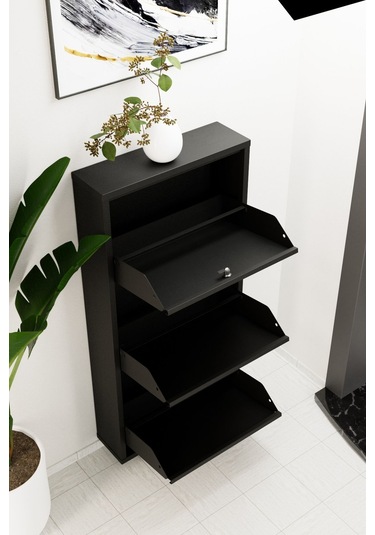 Kilitli 3 Kapaklı Metal Ayakkabılık Siyah Siyah