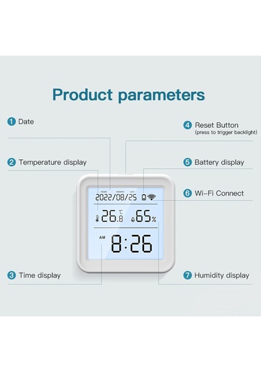 Leezsing Tuya Wifi Isı Ve Nem Sensörü, Akıllı Uygulama Kontrolü, Alexa/google Home Uyumlu, Veri Kaydı, Alarm Fonksiyonu, Geri Aydınlatma Th08