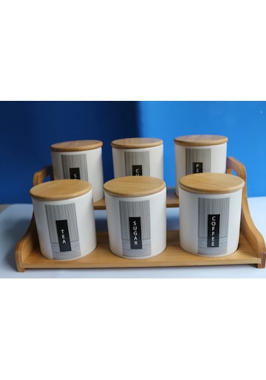 Bambu Standlı 6'lı Baharat Seti Beyaz