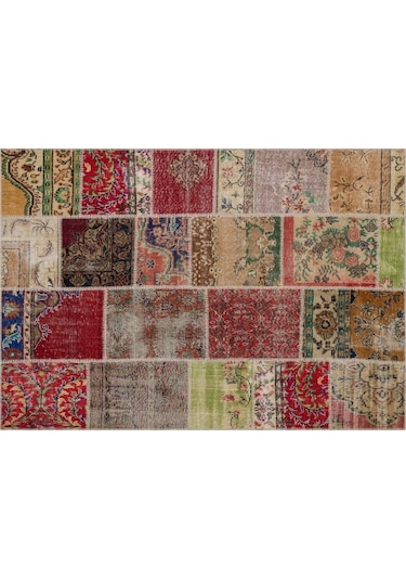 Gerçek El Dokuma Eskitme Patchwork Halı