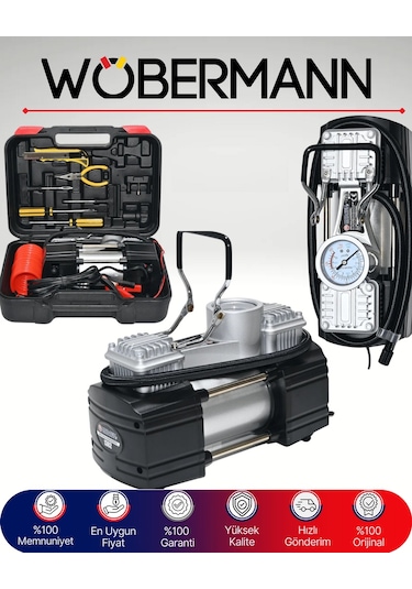 Wöbermann 150 PSI Çift Silindirli Metal Hava Kompresörü Tamir Setli Ve Taşıma Çantalı 12V