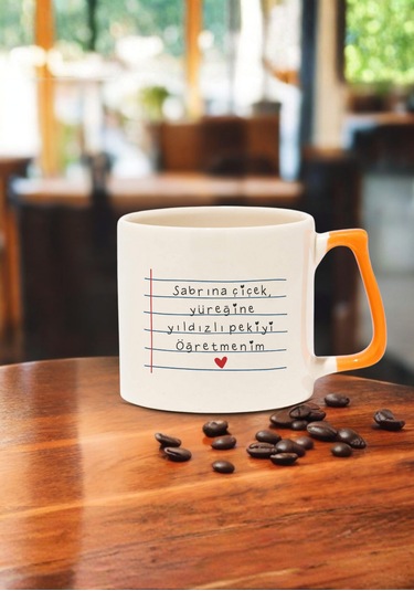 Öğretmenler Günü Kişiye Özel Renkli Kulplu Öğretmen Kupası Turuncu