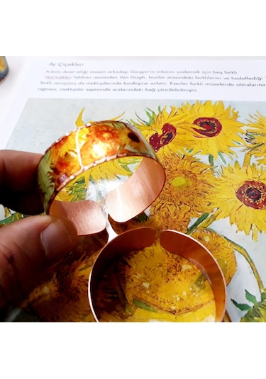 Copper Anatolian Van Gogh Sunflowers 1888 Bakır El İşçilikli Lüks Bilezik Altın