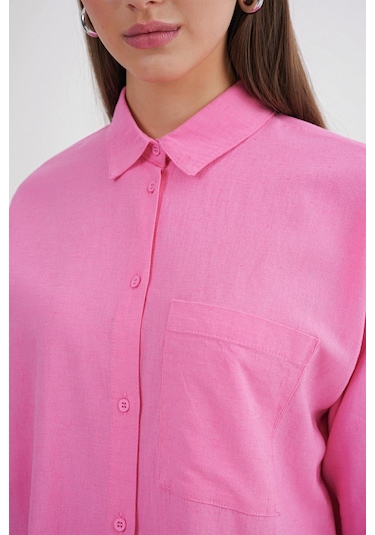 Mixray 4670 Kadın Cepli Oversize Basic Keten Gömlek Pembe