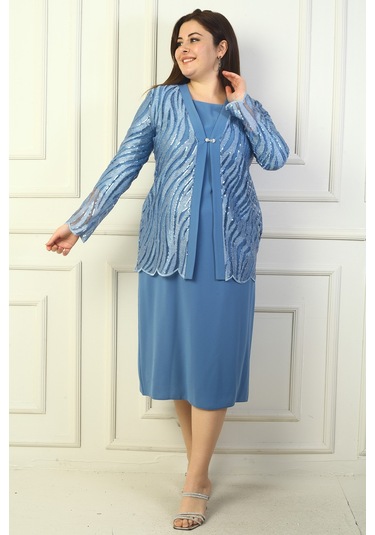 Kadın Pul Ve Sim İşlemeli Tül Ceket Uzun Kollu Astarlı Krep Elbise Büyük Beden 2'li Takım İndigo