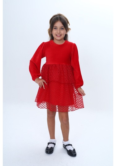 Toontoy Kız Çocuk Kadife Kat Kat Fırfır Detaylı Elbise Kırmızı