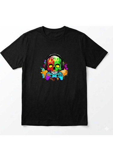 Erkek Kuru Kafa Oyun Konsolu Baskılı Pamuklu T-shirt Siyah