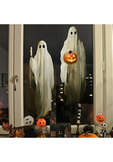 Gajeena Halloween Penceresi Dekorasyon Seti: Büyük Boy Beyaz Hayalet Kabak Işıklı Çift Taraflı Pvc Pencere Sticker - Tekrarlı Kullanımlı Ev Dekoru Beyaz