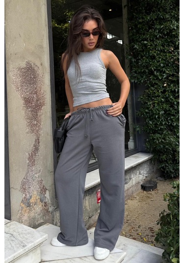 Füme Geniş Paça Basic Kadın Eşofman Altı Mg2553 Füme