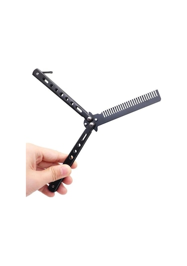 Buffer Siyah Katlanabilir Paslanmaz Çelik Kelebek Bıçak Tarak Sakal Bıyık Fırçası Profesyonel Saç Kesimi İçin Tarak