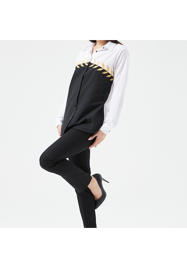 Kadın Siyah-beyaz Yaprak Nakışlı Gömlek Beyaz