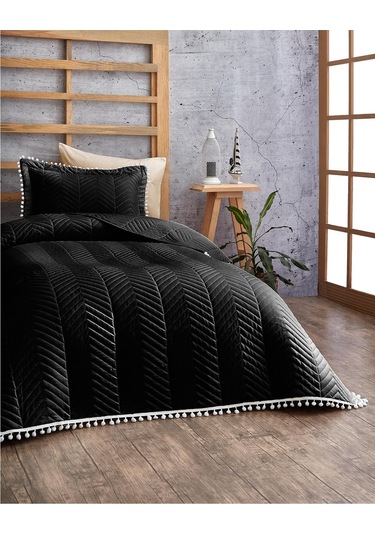 Evlen Home Ponponlu %100 Pamuk Tek Kişilik Günlük Yatak Örtüsü Pike Takımı Seti Siyah