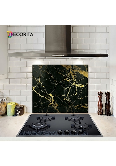 Decorıta Cam Ocak Arkası Koruyucu | Altın Çizgili Mermer