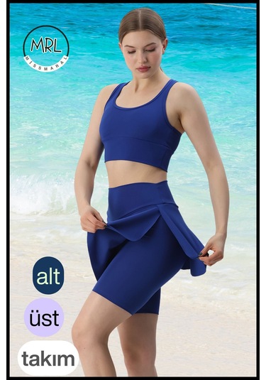 Kadın Takım Alt - Üst Biker Şort Diz Üstü &crop Bra Ped Destekli Denizde Havuzda Sporda Mavi Mavi