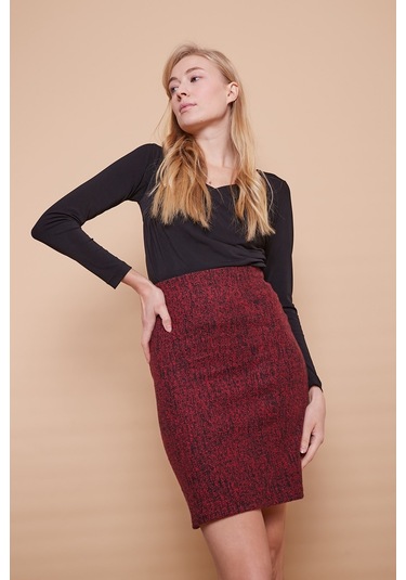 Kışlık Likralı Yünlü Kumaş Yüksek Bel Diz Üstü Kalem Etek-bordo Diyogonel - Bordo Dygnl Bordo