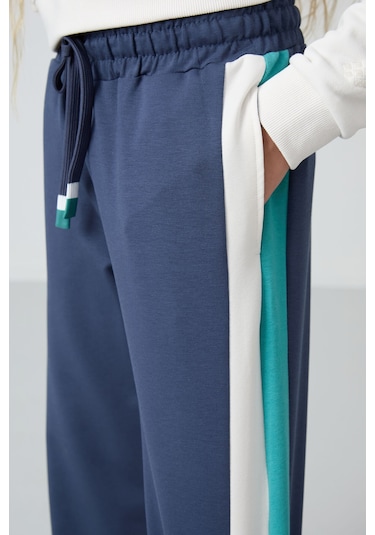 Tommy Life Petrol Yırtmaç Detaylı Cepli Geniş Paça Kız Çocuk Eşofman Alt - 75141 Petrol