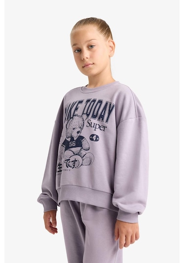 Defacto Kız Çocuk 2li Takım Baskılı Sweatshirt Eşofman Altı E6416a825aupr314 Mor