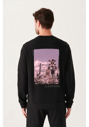 Erkek Siyah Oversize Caution Baskılı Bisiklet Yaka Sweatshirt Siyah