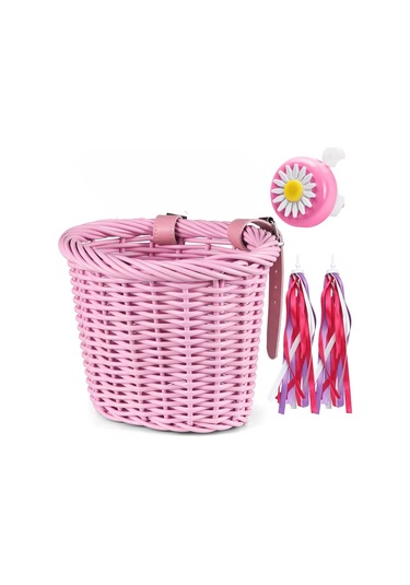 Folinda Küçük Pembe Çocuk Bisikleti Aksesuar Seti: Plastik Simülasyon Sünger Sepet + Zil + Sticker + Düğüm, 12-18 İnç Bisikletlere Uygun Pembe