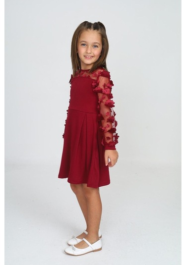 Tül Detaylı Siyah Elbise 2 Bordo