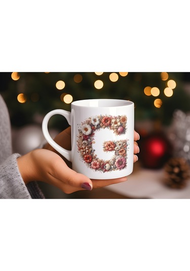 G Harfi Çiçek Desenli Kupa Bardak - Alfabe Harfleri İle Doğal Çiçekli Kupa - Hediye Fikir Beyaz