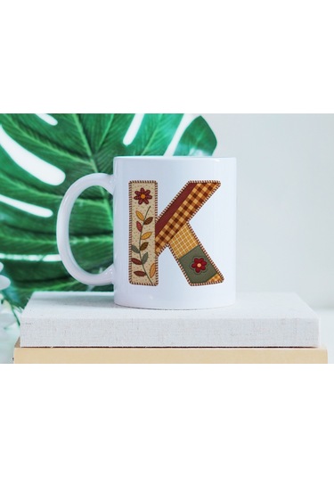 K Harfi Sonbahar Kış Temalı Yamalı Tasarım Kupa Bardak - Etnik Ve Pathwork Severlere Özel Hediye Beyaz
