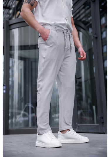 Erkek Taş Renk Likralı Kumaş Jogger Pantolon-1756 Taş