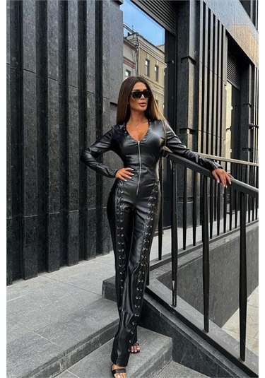 Kadın Likralı Deri Kumaş Tasarım Tulum Dpnbemp2611 Siyah