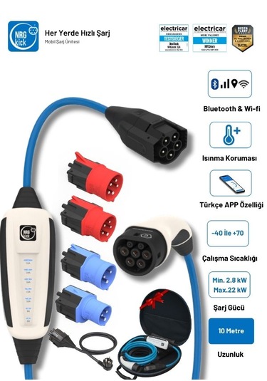 Çantalı Premium Plus Set 16a&32a 2.8-22kw 10m Ev Prizli Wifi+bluetooth Monofaze & Trifaze Ac Mobil Şarj Wallbox 22 kw