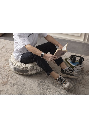 Krem Rengi Yuvarlak Taşınabilir Dekoratif Yer Minderi Puf 60x60 C