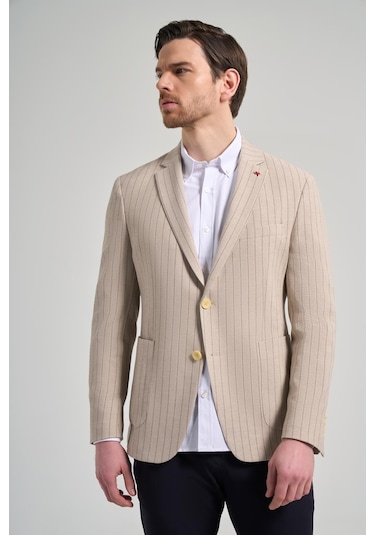 Çizgili Desen Gofreli Mono Yaka Esnek 6 Drop Slim Fit Ceket 1002250122 Koyu Bej