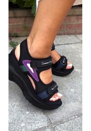 Sms 3031 Kadın Dolgu Havalı Taban Masajlı Spor Sandalet Siyah Siyah
