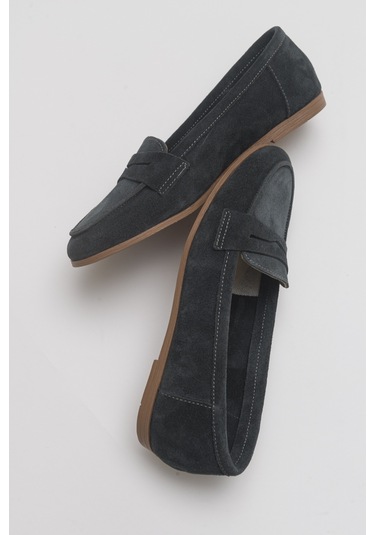 F02 Füme Süet Hakiki Deri Kadın Loafer Ayakkabı Füme