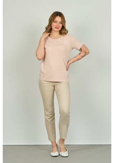 Ella Camelia Kadın Çizgili Bisiklet Yaka Kısa Kol Bluz 1e027 Pudra