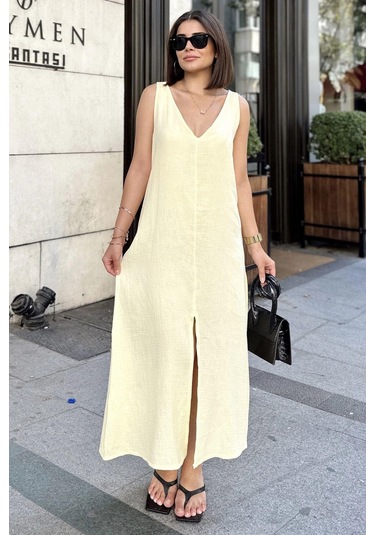 Sarı Askılı İthal Müslin Kumaş, Önü Ve Arkası V Yaka, Önden Yırtmaçlı, Maksi/uzun Salaş Elbise Sarı