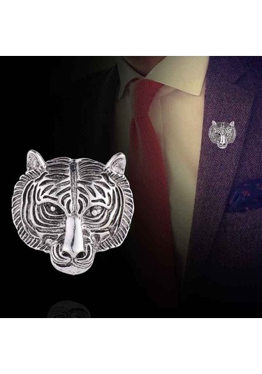 Flybuy Kişilik Kaplan Başı Broş Erkek Takım Elbise Pimi Vintage Rozet Yaka İşaretliği Gümüş