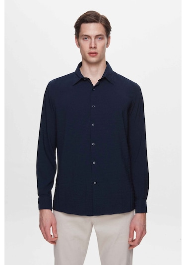 D's Damat Slim Fit Lacivert Gofre Easy Iron Gömlek 2ec02xt04282m Lacivert