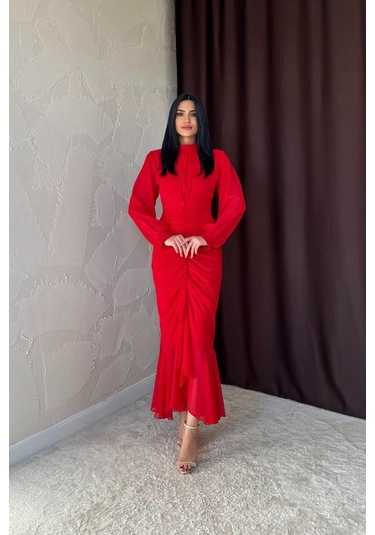 Kırmızı Önü Büzgülü Şifon Elbise Kırmızı