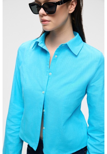 Grımelange Makayla Kadın Keten Uzun Kollu Regular Fit Mavi Gömlek Mavi