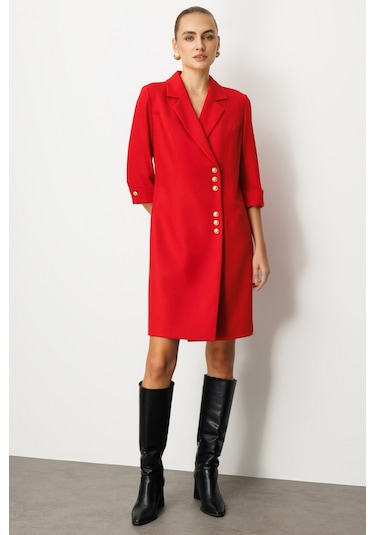 Ekol Kadın Kruvaze Yaka Düğmeli Elbise 4009 Kırmızı Kırmızı