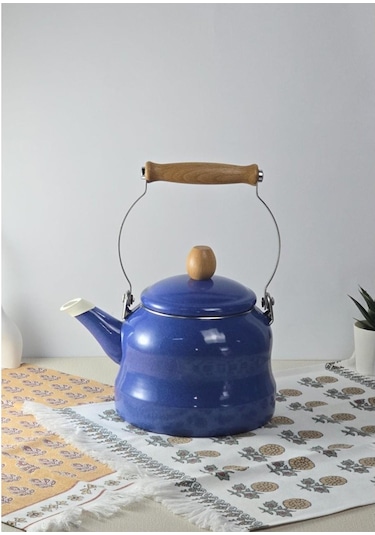 Alev Vintage Ahşap Saplı Emaye Demlik Kettle 2,5lt Mavi