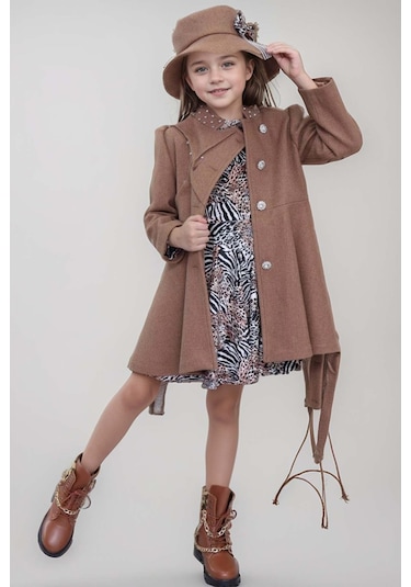 Riccotarz Kız Çocuk Leopar Desen Elbise Taş İşleme Yaka Boydan Düğme Ve Kemer Detaylı Kahverengi Kaşe Kaban Kahverengi