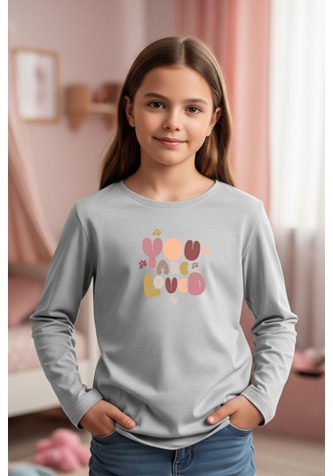 Yuvarlak Yaka You Are Loved Baskılı Kız Çocuk Sweatshirt Gri