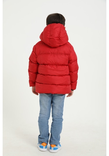 Freemen Erkek Çocuk Kırmızı Polarlı Kapüşonlu Su Geçirmez Rüzgara Dayanıklı Şişme Kışlık Mont Kırmızı