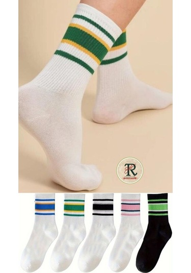 Trampler Pamuklu Çemberli Çizgili Kolej Tenis Unisex Çorap 5 Çift - Çok Renkli