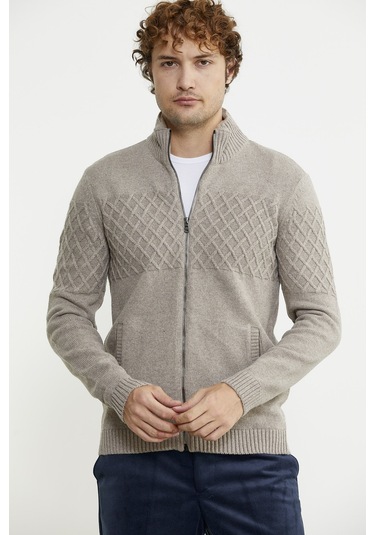 Yakası Suni Kürk Detaylı Triko Mont - Vizon 001