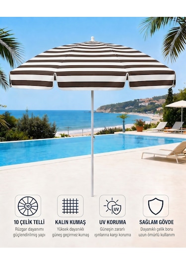 Plaj Şemsiyesi Balkon Bahçe Güneş Şemsiyesi 200cm 10 Telli Uv Korumalı Kahverengi