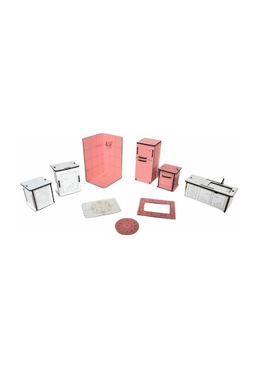 Ahşap Oyun Evi 100Cm 36 Eşya Pembe Led Işıklı