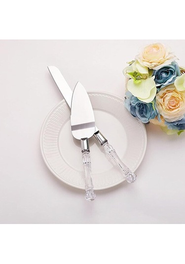 Mucit Home Kristal Saplı Pasta Servis Seti Spatula Bıçak Ikili Set Beyaz