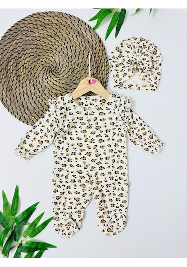 Alpbebe Malawi Boneli Leopar Desen Önden Komple Çıtçıtlı Mevsimlik Tulum Set - Krem Krem